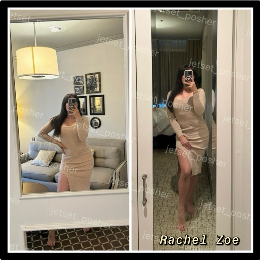 Rachel Zoe Ribbed Sweater Long Sleeve Dress with Side Slit in a Square Neckline